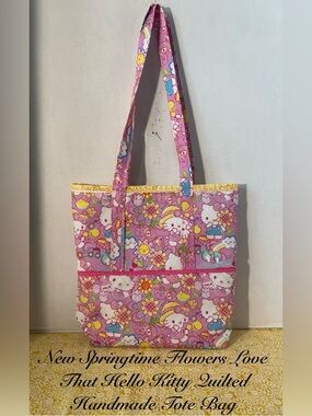 Hello Kitty Pink Floral Pattern Tote Bag with Yellow Accents
